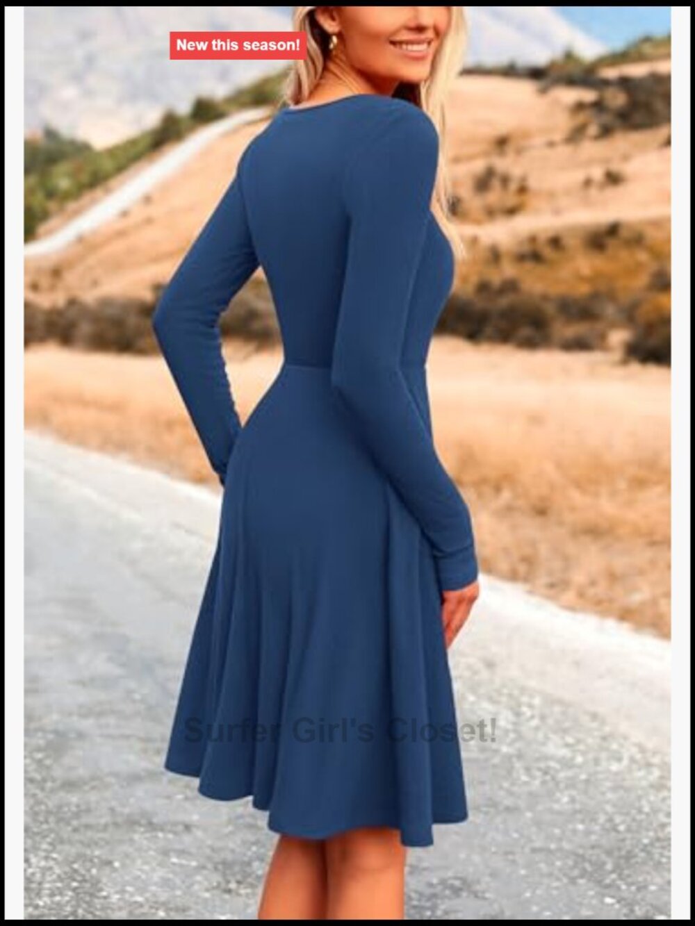 Ribbed Knit A-Line Mini Dress Long Sleeve Crewneck Flowy Casual - Picture 2 of 7